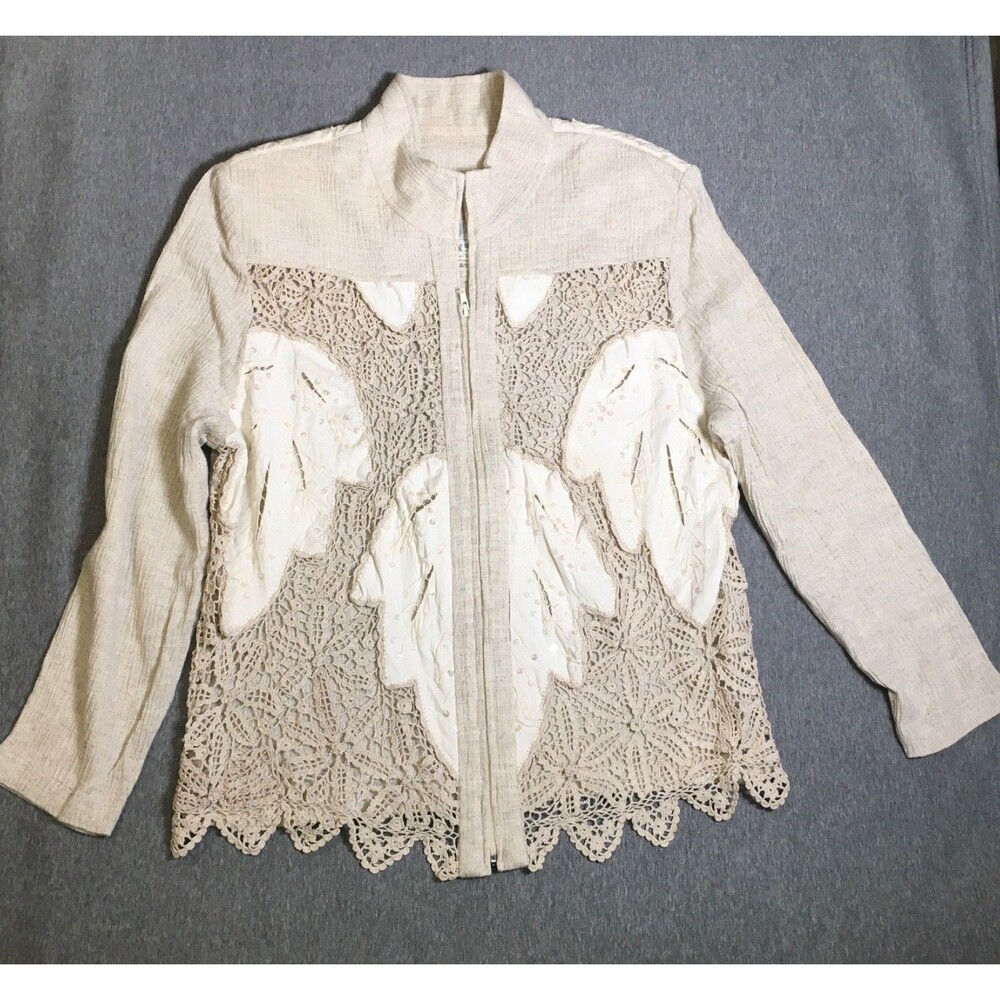 Vintage Lim's Crochet Full Zip Jacket Womens XL  Beige  Sequien Linen Blend Boho